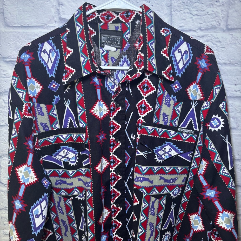 Vintage Roughrider Shirt Mens XL Aztec Southwestern Western USA 90s Long Tail